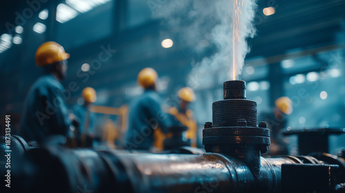Assembly of pipes with high-pressure steam bursting from a bottleneck valve. Engineers in safety gear scramble. Industrial lighting and texture detail.