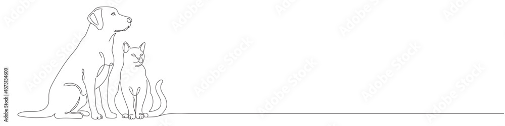 Fototapeta A continuous line drawing of a cat and dog sitting together. A decorative line art logo for a pet store or veterinary clinic. Editable vector illustration.