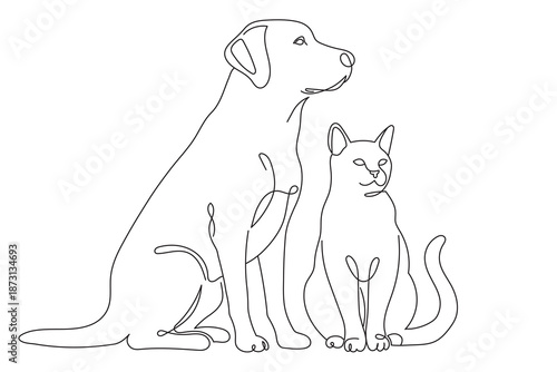 A continuous line drawing of a cat and dog sitting together. A decorative line art logo for a pet store or veterinary clinic. Editable vector illustration.