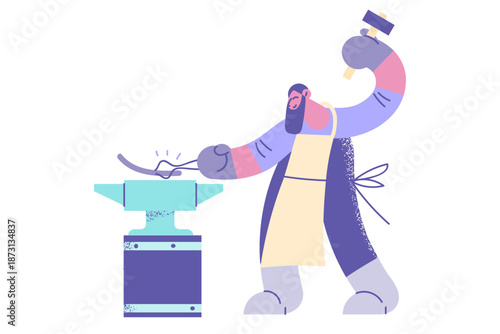 Strong blacksmith work forge iron metal on anvil