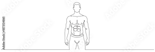 A single continuous line drawing depicts a young, strong male bodybuilder in a confident pose. Fitness center logo concept. Editable line.