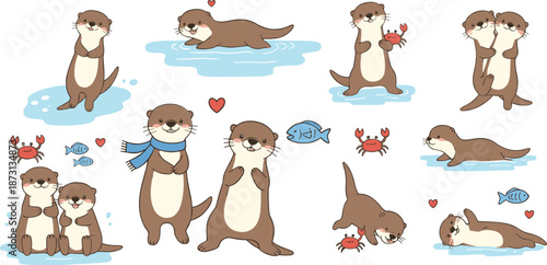 Cute otter character set with swimming playing hugging poses cartoon aquatic animal mascot vector illustration