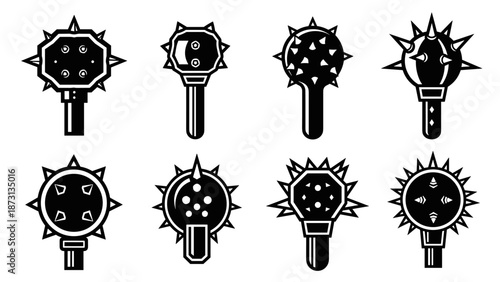 Collection of eight medieval mace weapons with spiked heads and handles.