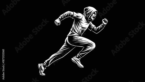 Dynamic illustration of a running man in a hoodie.