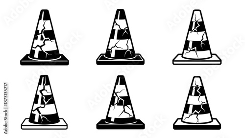 Collection of six cracked traffic cones in black and white, symbolizing caution and damage.