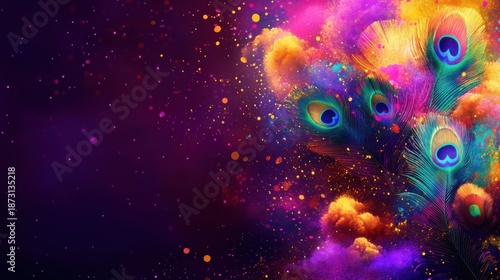 Happy Holi background, indian festival of colors. Traditional gulal powders, peacock feather,  and festive spiritual harmony