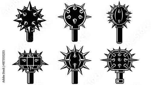 Collection of six medieval mace weapon heads with spikes in black and white.