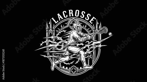 Lacrosse Player in Action with Stick and Ball.