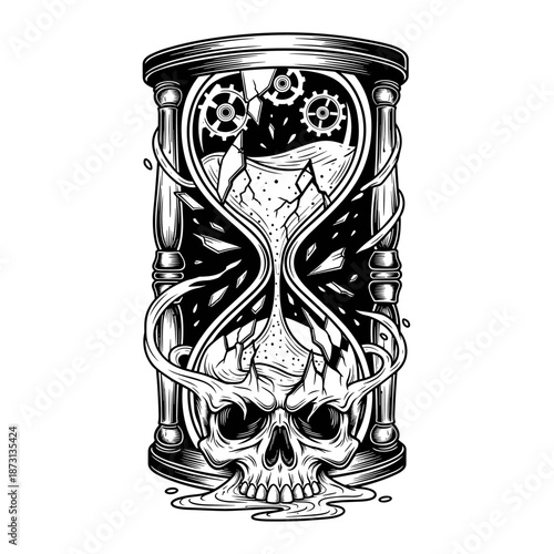Intricate hourglass with skull and gears, symbolizing times relentless passage and mortality.