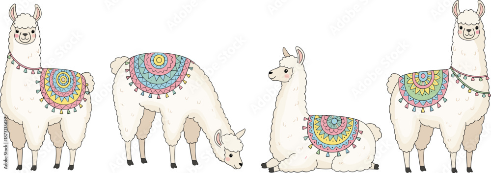 Fototapeta premium Decorated llama animal set with colorful blanket patterns, cute cartoon vector illustration isolated on white