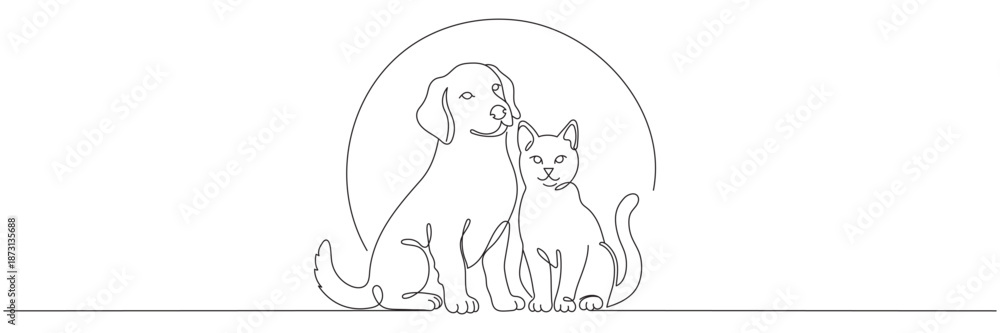 Fototapeta premium A continuous line drawing of a cat and dog sitting together. A decorative line art logo for a pet store or veterinary clinic. Editable vector illustration.