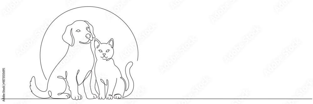 Fototapeta A continuous line drawing of a cat and dog sitting together. A decorative line art logo for a pet store or veterinary clinic. Editable vector illustration.