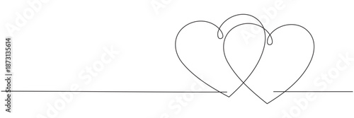 A continuous line drawing of two hearts. Wavy line art of a double heart. Concept of a love relationship. Vector illustration, editable line art.