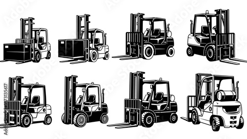 Collection of various forklift trucks in black and white illustration style.