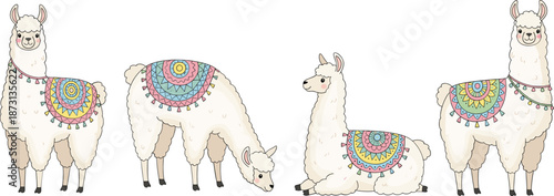 Decorated llama animal set with colorful blanket patterns, cute cartoon vector illustration isolated on white