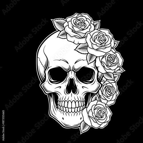 Detailed Skull with Roses Illustration.