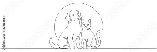 A continuous line drawing of a cat and dog sitting together. A decorative line art logo for a pet store or veterinary clinic. Editable vector illustration.