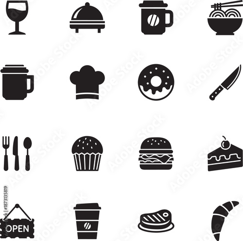 Drink and Food Silhouette icon collection. Includes Silhouette symbols coffee, burger, cake, donut, chef and more. Isolated icons. Food and Drink icon set. Minimalist icons pack.