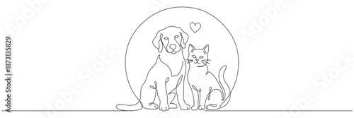 A continuous line drawing of a cat and dog sitting together. A decorative line art logo for a pet store or veterinary clinic. Editable vector illustration.