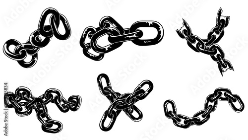 Set of six hand-drawn metal chains in various configurations, black and white sketch style.
