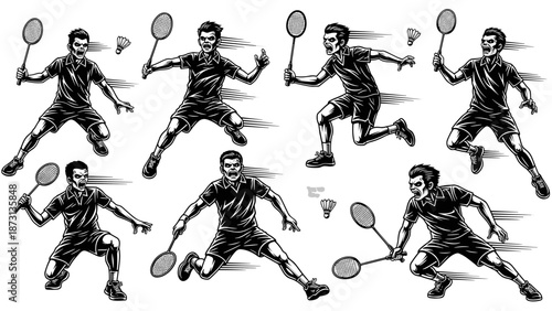 Dynamic illustrations of male badminton players in various action poses.