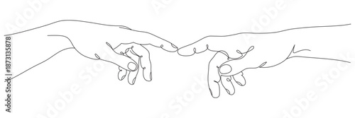 A continuous line drawing of hands reaching out to each other. Concept of human relationships. Editable line.