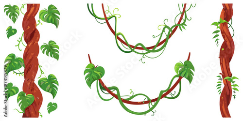 Jungle environment assets featuring twisted wooden branches covered in vines, flat design, bright green leaves, no gradients
