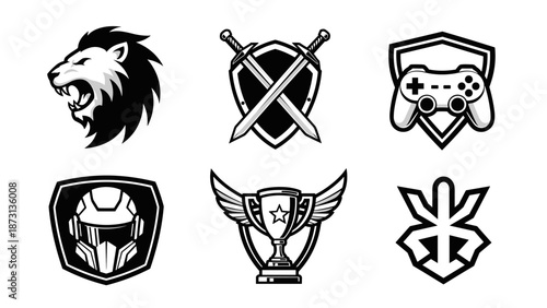 Collection of six distinct black and white gaming and esports emblem designs.