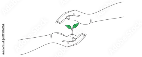 One-line drawing of hands holding growing seedlings. One-line illustration of hands holding a leaf. Vector graphics, editable line art.