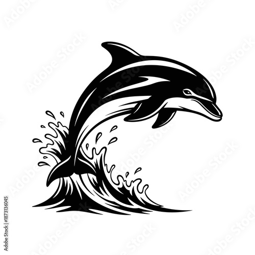 Dynamic Dolphin Leaping from Water in Bold Black and White Illustration.