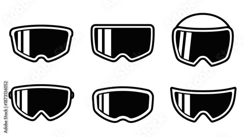Collection of six distinct ski and snowboard goggle designs in black and white.