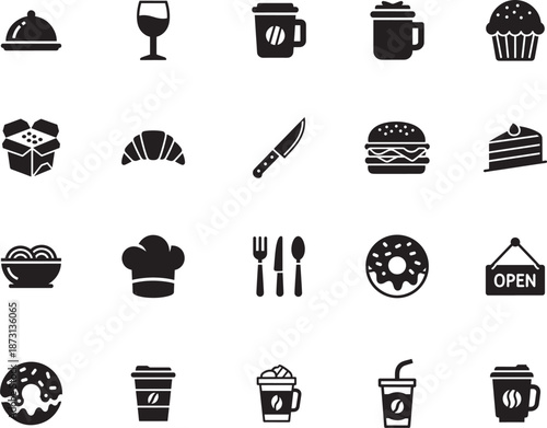 Drink and Food Silhouette icon collection. Includes Silhouette symbols coffee, burger, cake, donut, chef and more. Isolated icons. Food and Drink icon set. Minimalist icons pack.