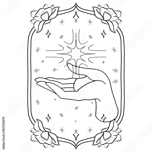 Mystic Healing Hand with Vibrant Ornaments - Spiritual Energy Transmission Symbol - Abstract Magical Hand Line Art