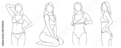 A set of line drawings of a female body in a swimsuit. Vector minimalist design. Editable line