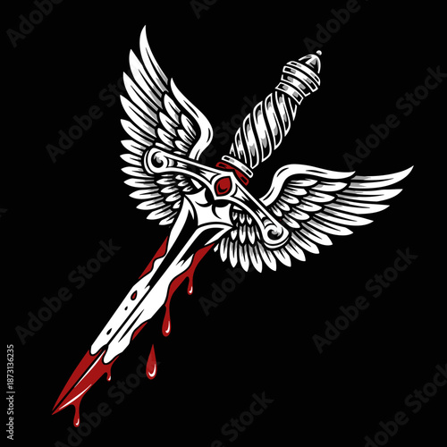 Winged Dagger with Blood Drops Illustration.
