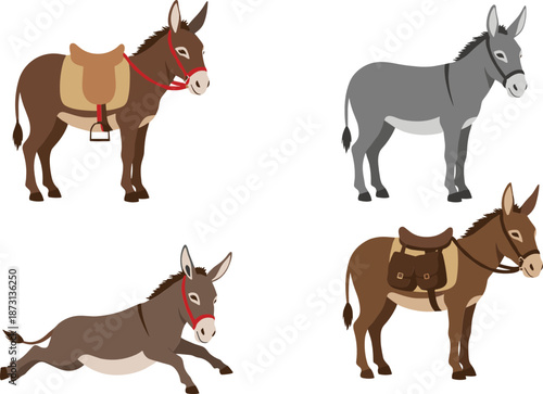 Donkey character set with saddle and harness in standing and running poses, farm animal vector illustration