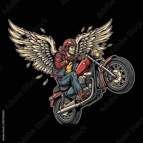 Winged Biker Riding Motorcycle on One Wheel.