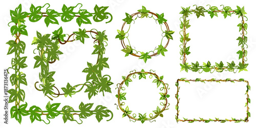 Tropical foliage frames and ornaments, vines forming rectangles and circles, stylized cartoon illustration, vibrant green tones, isolated elements.