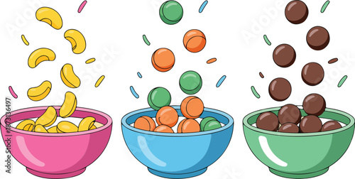 Cute Breakfast Cereal Bowl Icons Milk, Oatmeal and Fruit Cornflakes