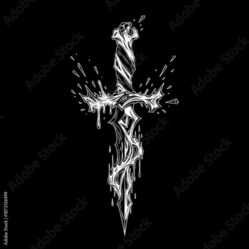 Stylized dripping dagger illustration in black and white.