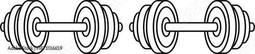 Pair of black linear dumbbell icons representing weightlifting bodybuilding gym workouts and physical fitness equipment for strength training.
