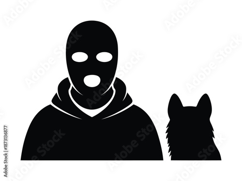 Black vector silhouette of masked figure next to dog