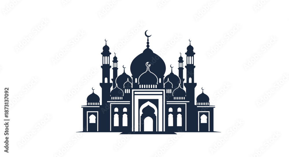 Fototapeta premium Detailed black silhouette of a large mosque with multiple domes and minarets against a white background.