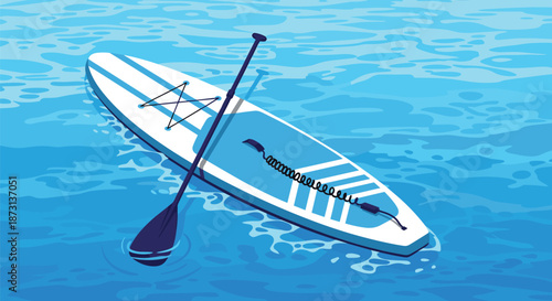 White and blue stand up paddleboard floating on calm rippling blue water with its paddle resting across it.