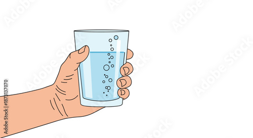 Human hand holding a tall clear glass of bubbly or sparkling water with bubbles rising to the surface.