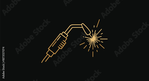 Golden line icon of a welding torch with bright sparks flying off the tip against a solid black background.