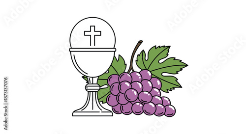 Religious illustration of a silver chalice with a white host showing a cross placed next to a bunch of purple grapes.
