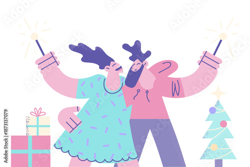 Happy couple lovers hug celebrate New Year