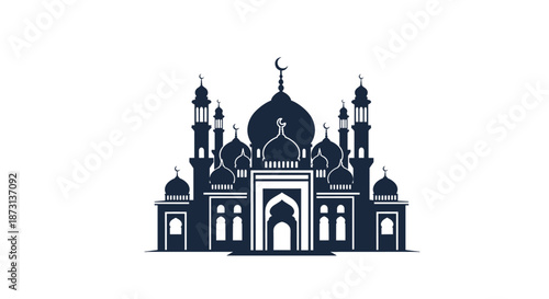 Detailed black silhouette of a large mosque with multiple domes and minarets against a white background.