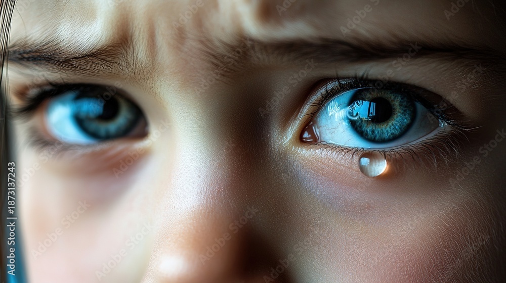 Naklejka premium Tears of Distress: Close-up on eyes, portraying raw vulnerability, despair, and deep sadness in this emotive image.
